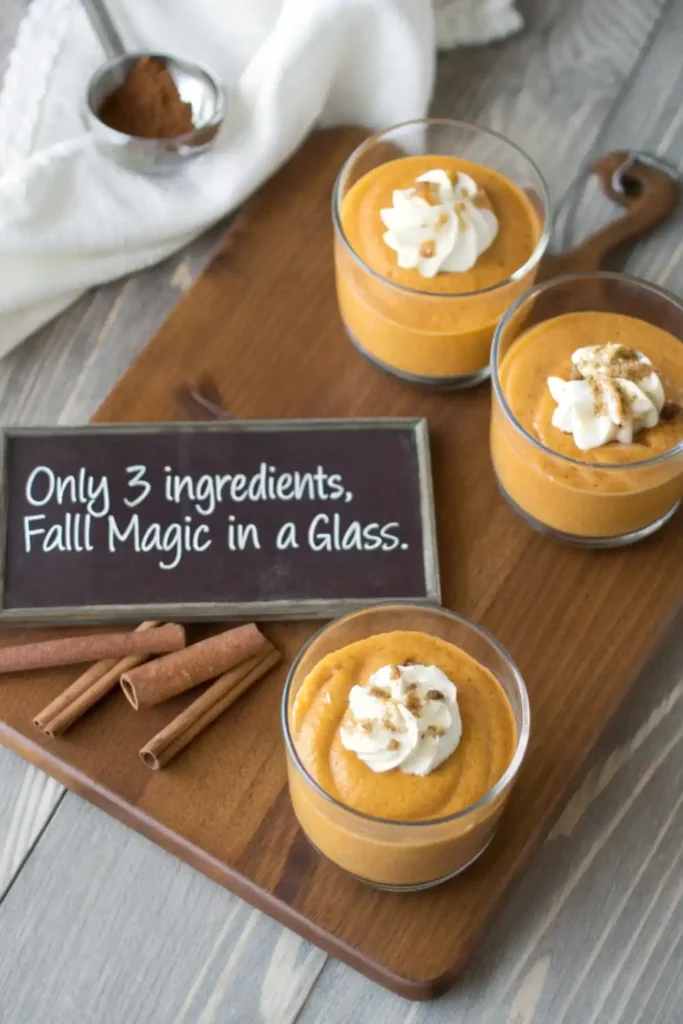 Pumpkin Mousse – Creamy 3‑Ingredient No‑Bake Dessert 2 three pumpkin mousse cups with whipped topping on wooden board beside cinnamon sticks and chalkboard sign