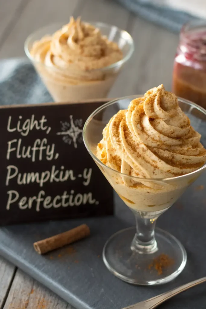 Pumpkin Mousse – Creamy 3‑Ingredient No‑Bake Dessert 3 whipped pumpkin mousse swirled high in dessert glass with cinnamon and rustic fall décor