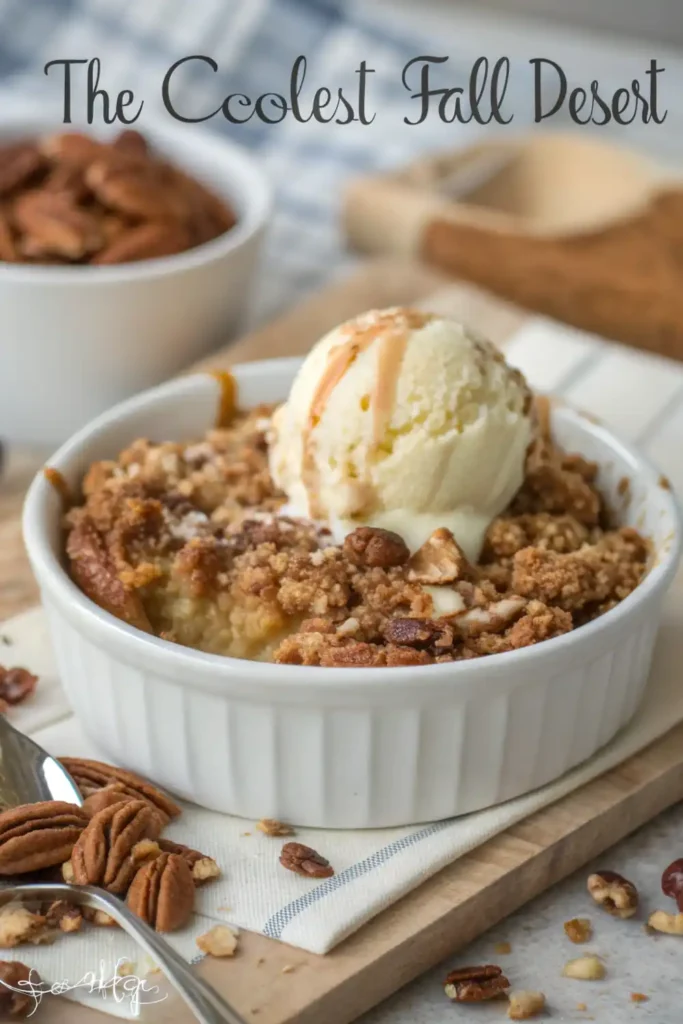 Maple Pecan Apple Crisp – Warm, Crispy & Fall-Worthy 4 Close-up of a baked maple pecan apple crisp served in a round white dish, topped with vanilla ice cream and caramel drizzle.