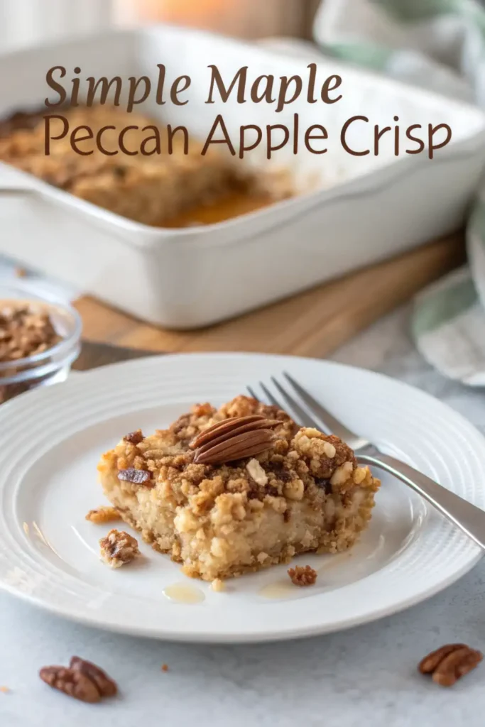 Maple Pecan Apple Crisp – Warm, Crispy & Fall-Worthy 2 Slice of maple pecan apple crisp on a white plate, garnished with pecans and drizzled with maple syrup.