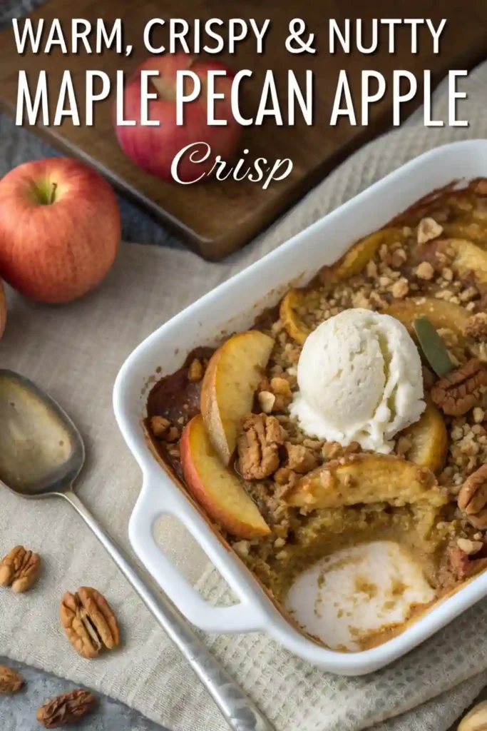 Maple Pecan Apple Crisp – Warm, Crispy & Fall-Worthy 3 Top view of a warm maple pecan apple crisp in a white baking dish with vanilla ice cream, fresh apples, and pecans.