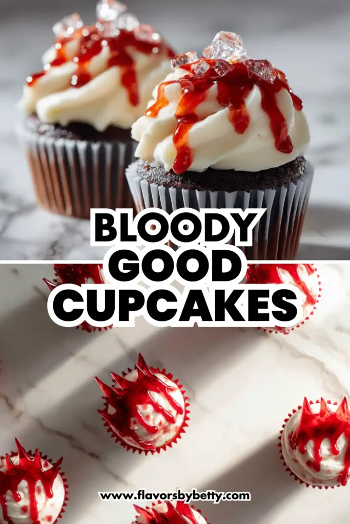 Bloody Halloween Cupcakes (Strawberry Cheesecake with Edible Glass & Fake Blood) 5 Chocolate cupcakes with vanilla frosting and dripping red syrup, topped with sugar shards