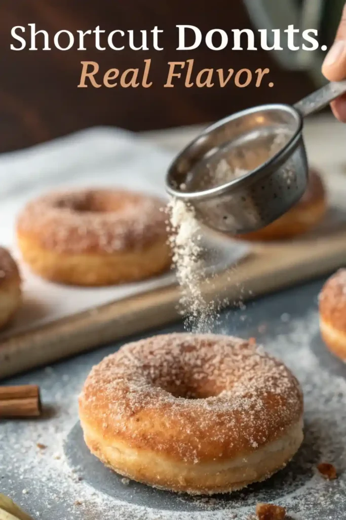 Cinnamon Sugar Donuts – Easy Biscuit Dough Hack 3 close-up of cinnamon sugar donut with powdered sugar being sprinkled, text “shortcut donuts, real flavor”