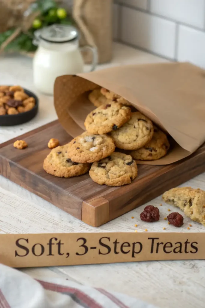 Quick & Chewy 3‑Ingredient Peanut Butter Cookies 4 Stack of chocolate chip cookies spilling from brown paper bag onto wooden board