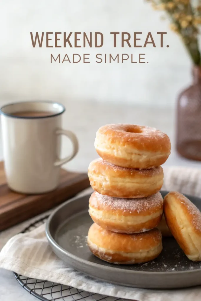 Cinnamon Sugar Donuts – Easy Biscuit Dough Hack 4 stack of cinnamon sugar donuts on gray plate with coffee mug and overlay text “weekend treat, made simple”