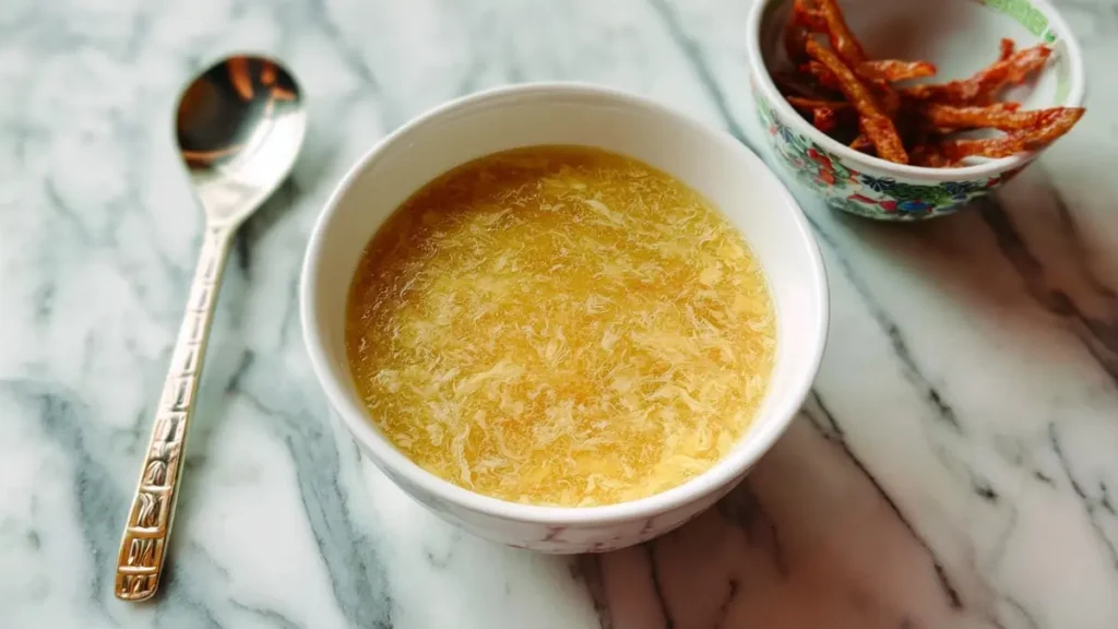 Egg Drop Soup 5 Chinese egg drop soup in a ceramic bowl with silky egg ribbons on a marble surface