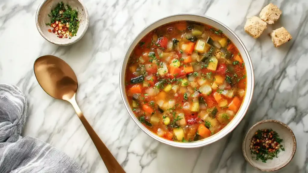 Vegetable Soup 5 Rustic vegetable soup with diced carrots, zucchini, and herbs served on a marble background