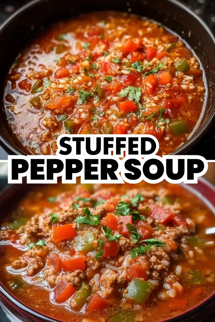 Crockpot Stuffed Pepper Soup 7 stuffed pepper soup with ground beef, rice, tomatoes, and bell peppers in rich broth