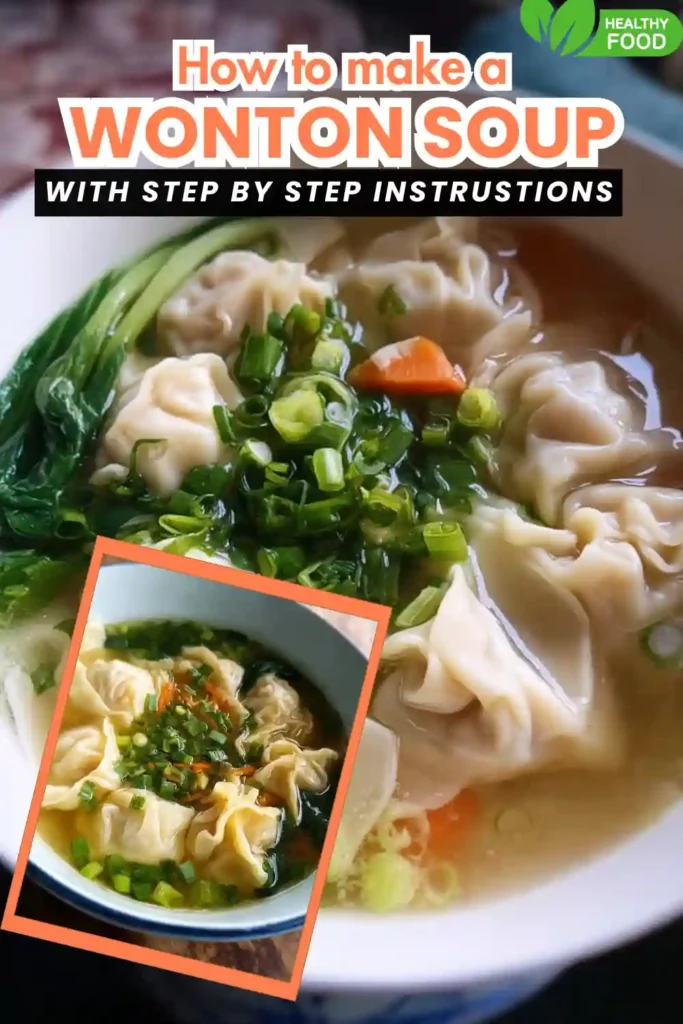 Wonton Soup 7 close-up of wonton soup with bok choy, green onion, and carrots in clear broth