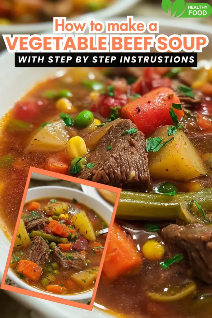 Vegetable Beef Soup 7 Bowl of vegetable beef soup with chunky potatoes, carrots, peas, corn, and tender beef in tomato broth