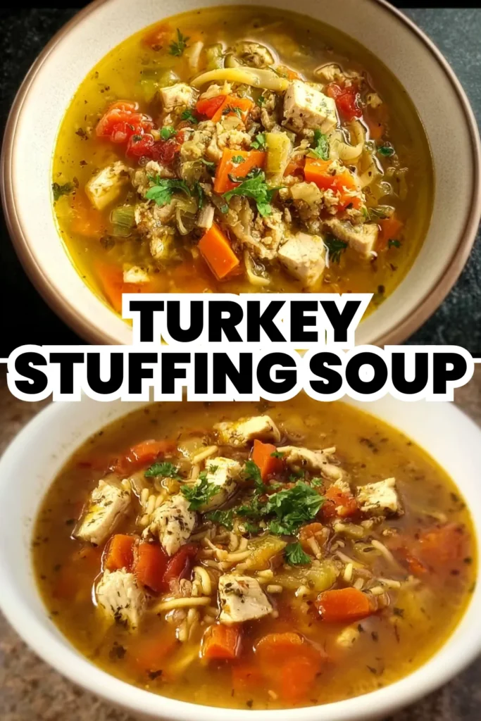 Turkey Stuffing Soup 7 hearty turkey stuffing soup with carrots, celery, and noodles in golden broth