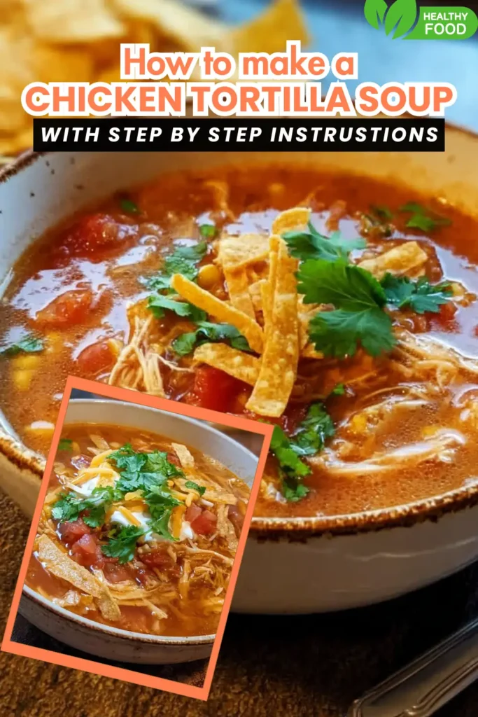 Crock Pot Chicken Tortilla Soup 7 Chicken tortilla soup topped with tortilla strips, cilantro, cheese, and tomatoes in spicy red broth
