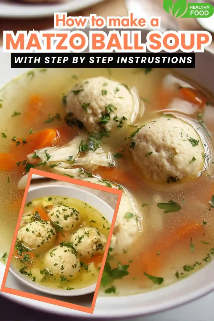 Matzo Ball Soup Recipe 7 fluffy matzo balls floating in clear broth with herbs, carrots, and celery