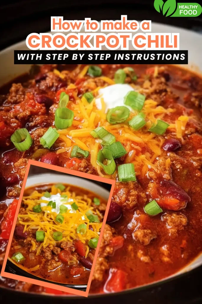 The Best Crock Pot Chili 7 Crockpot chili topped with sour cream, cheddar cheese, and green onions in a thick bean and beef base