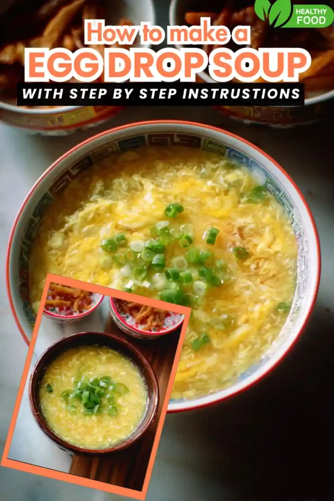 Egg Drop Soup 6 Chinese egg drop soup with scallions in a patterned bowl and side snacks