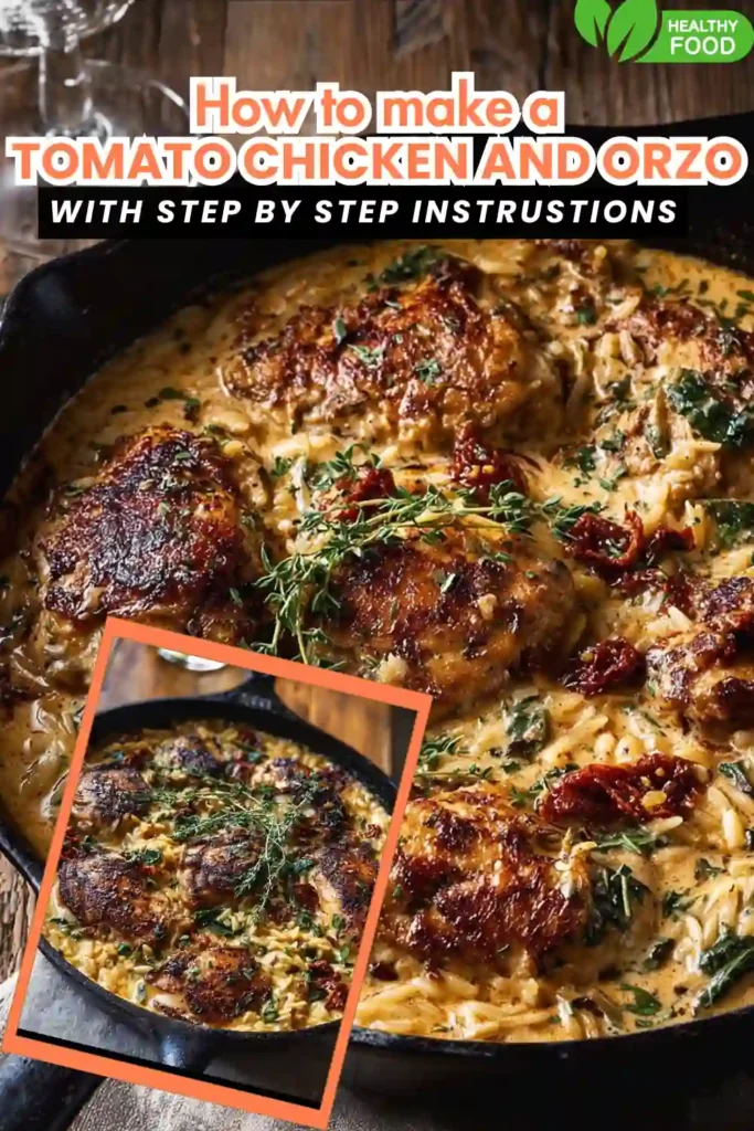 One Skillet Creamy Sun-Dried Tomato Chicken and Orzo 7 seared chicken thighs in creamy orzo with spinach and sun-dried tomatoes