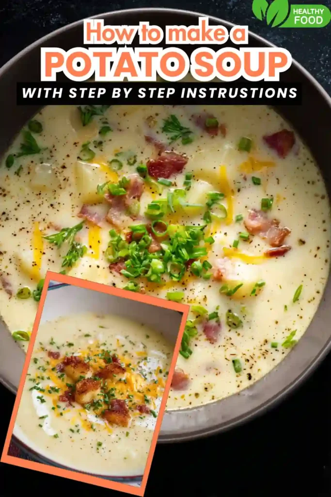 Easy Potato Soup Recipe 6 Creamy potato soup with chunks of potato, cheddar cheese, bacon, and green onion
