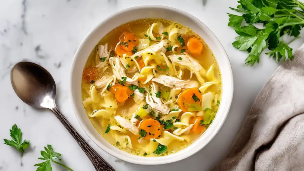 Chicken Noodle Soup 5 classic chicken noodle soup with carrots, egg noodles, and parsley in a white bowl