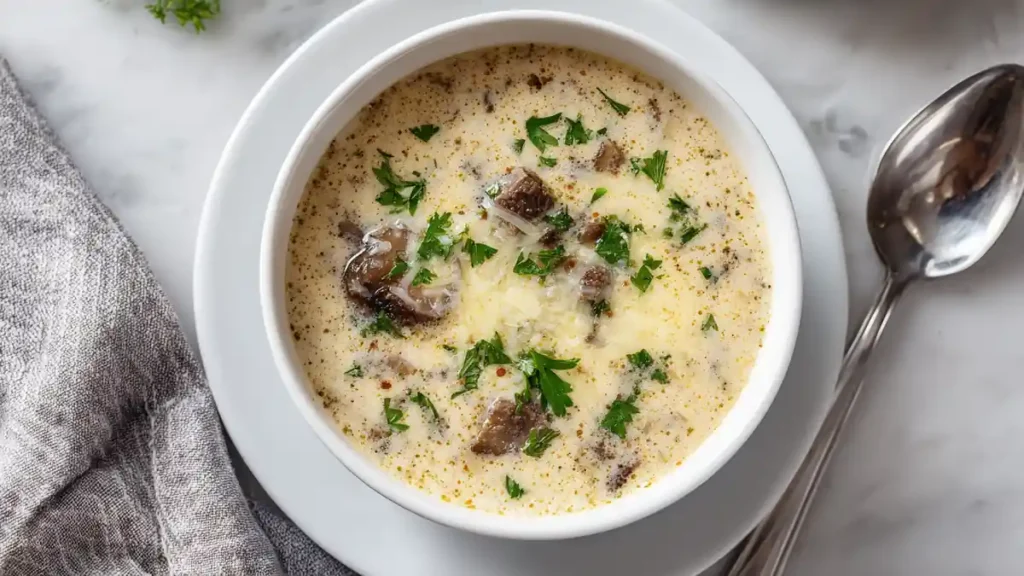 Creamy Philly Cheesesteak Soup 2 creamy philly cheesesteak soup with shaved beef, melted cheese, and parsley
