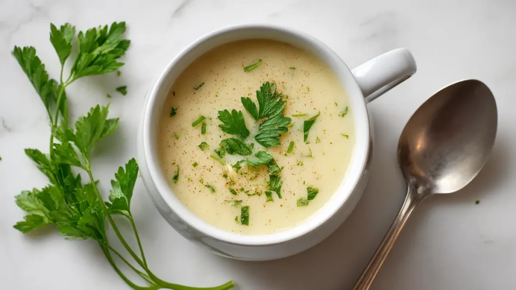 Potato & Leek Soup 2 creamy potato and leek soup garnished with fresh parsley in a white mug