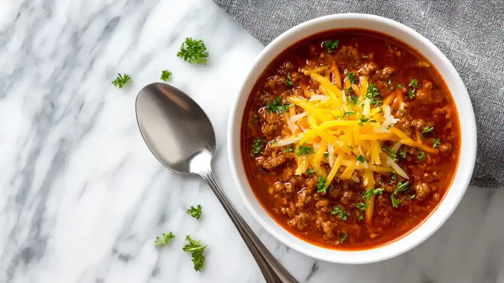 Sloppy Joe Soup 5 sloppy joe soup topped with shredded cheddar and parsley in a white bowl