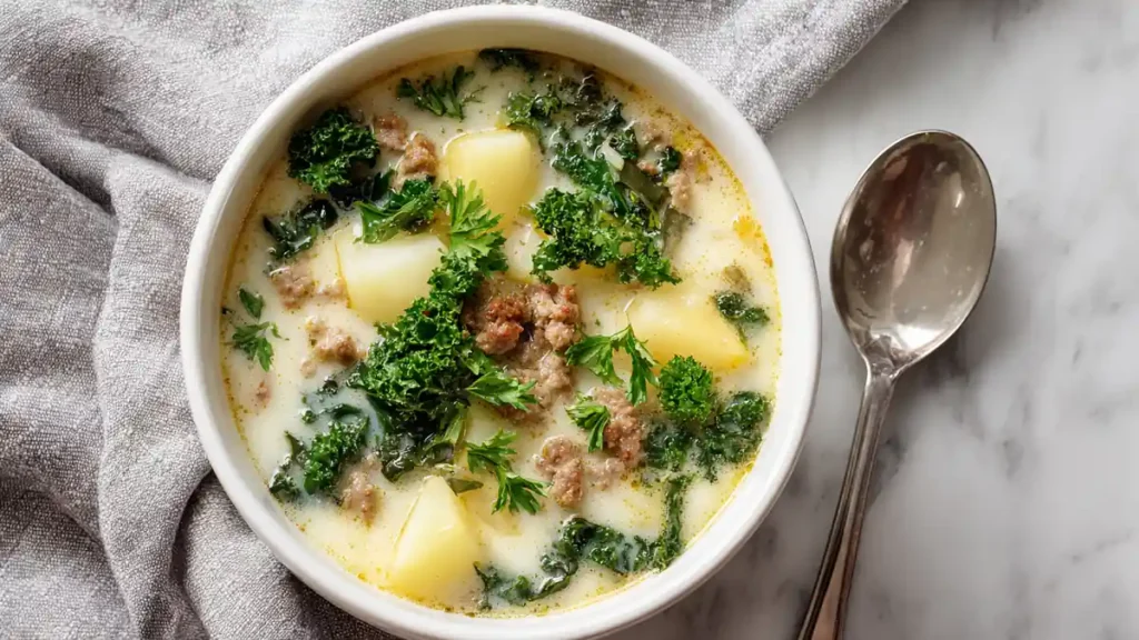 Zuppa Toscana 5 creamy zuppa toscana soup with sausage, kale, and potatoes in a white bowl