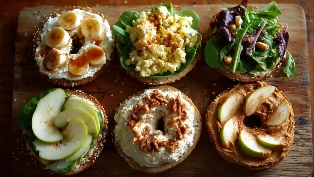 assorted protein bagels with toppings like avocado, beet, apple slices, and hummus on a wooden surface