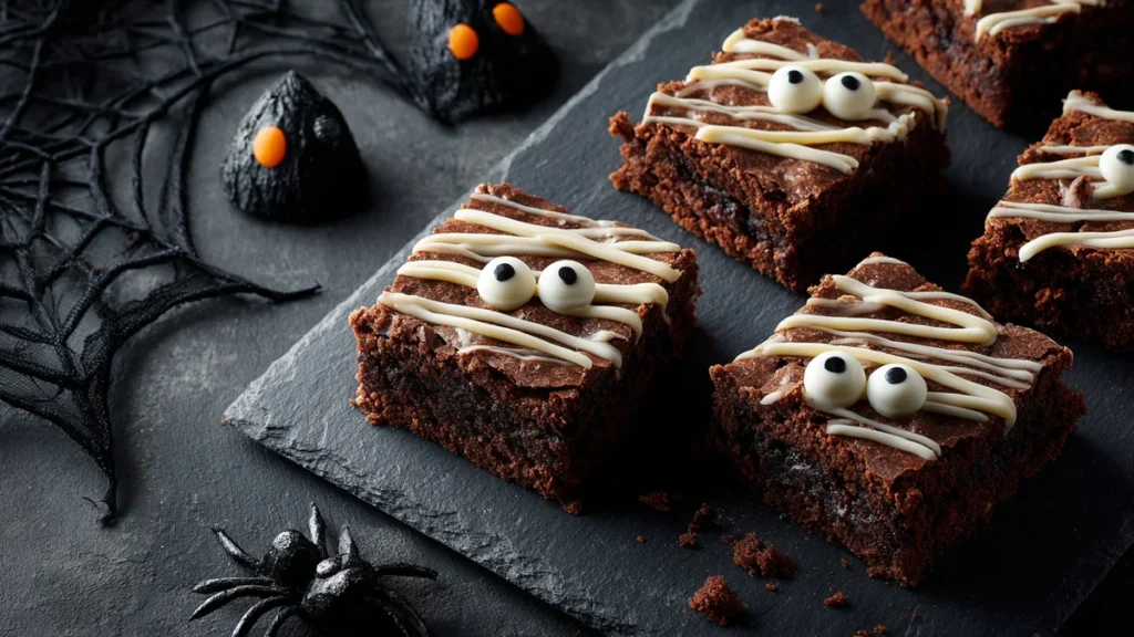 Mummy Brownies for Halloween 4 Chocolate brownie squares decorated with white icing and candy eyeballs on black slate