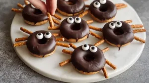 chocolate glazed donuts with pretzel stick legs and candy eyes arranged on marble tray