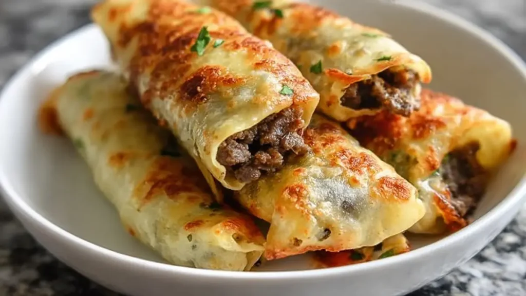 Keto Philly Cheesesteak Rolls 4 golden-baked cheesy beef crepes stacked in a white bowl
