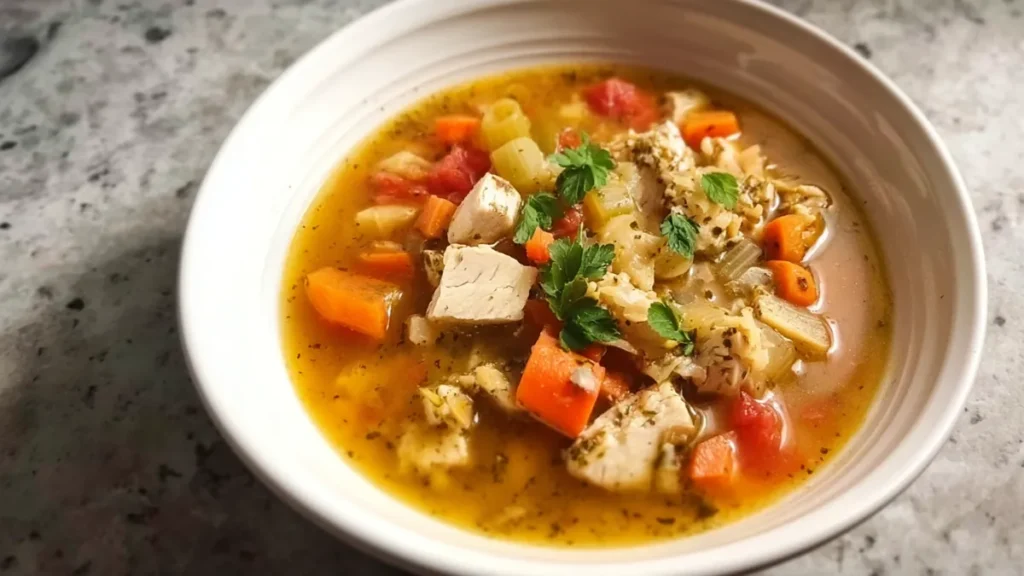 Turkey Stuffing Soup 5 chicken soup with carrots, celery, and fresh herbs