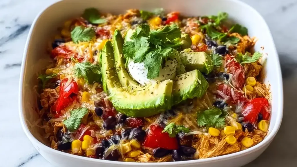 High-Protein Chicken Cottage Cheese Enchilada Bowls 4 Mexican chicken bowl with shredded chicken, avocado slices, black beans, corn, tomatoes, and cilantro