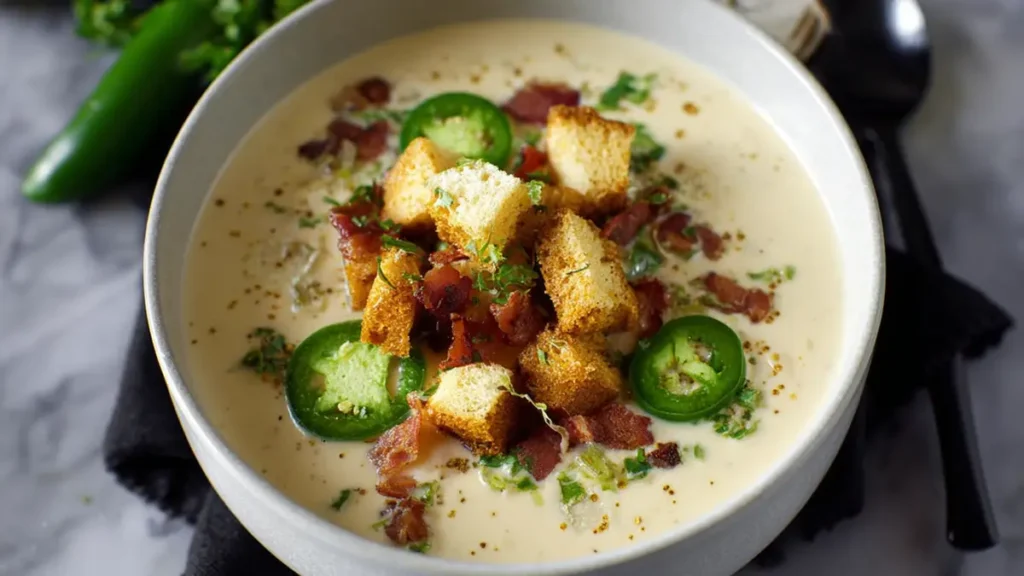 Jalapeno Popper Soup 4 Creamy jalapeño cheddar soup topped with bacon, croutons, and sliced jalapeños