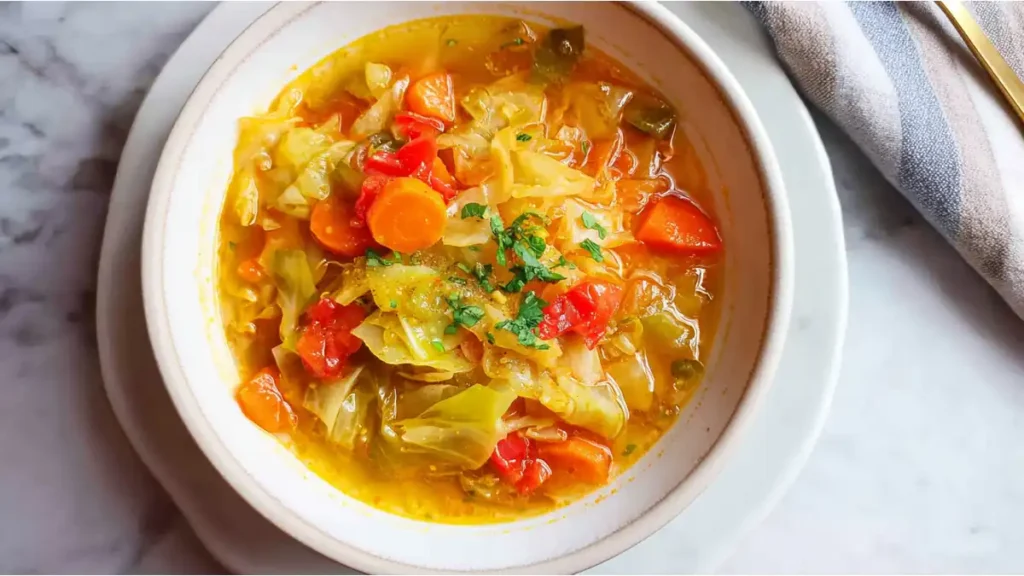 Cabbage Soup with Turmeric and Ginger 4 Hearty cabbage soup with carrots, tomatoes, peppers, and fresh herbs