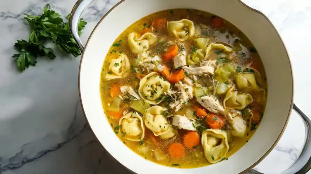 Chicken Tortellini Soup 4 hearty chicken tortellini soup with carrots, celery, and herbs in a white pot on marble surface