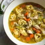 Chicken Tortellini Soup 5 hearty chicken tortellini soup with carrots, celery, and herbs in a white pot on marble surface