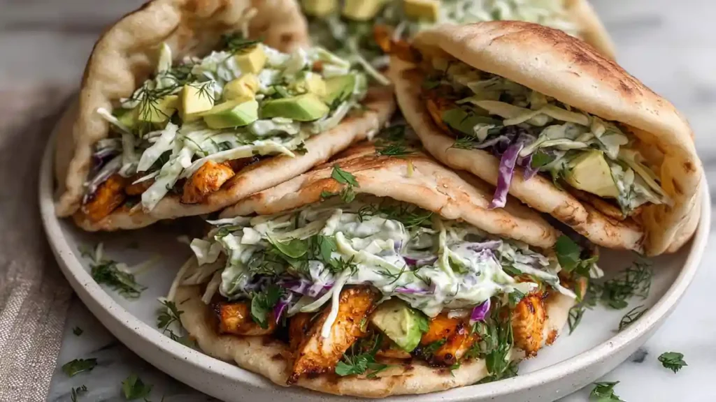 Sheet Pan Chicken Pitas with Herby Ranch Slaw 5 grilled chicken pita filled with avocado, slaw and herbs on flatbread