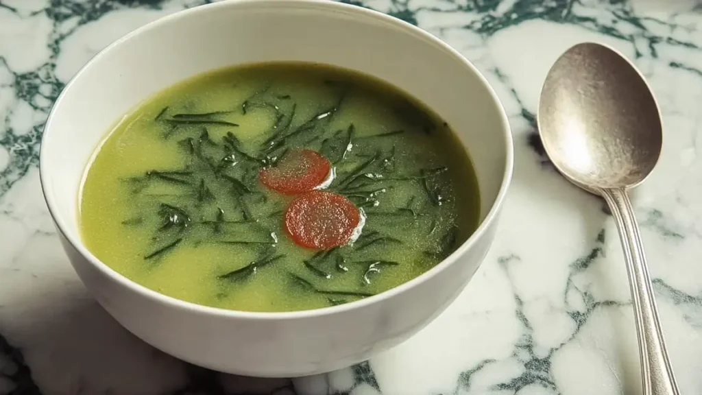 Green Soup 5 green spinach soup with sliced carrots in a light broth