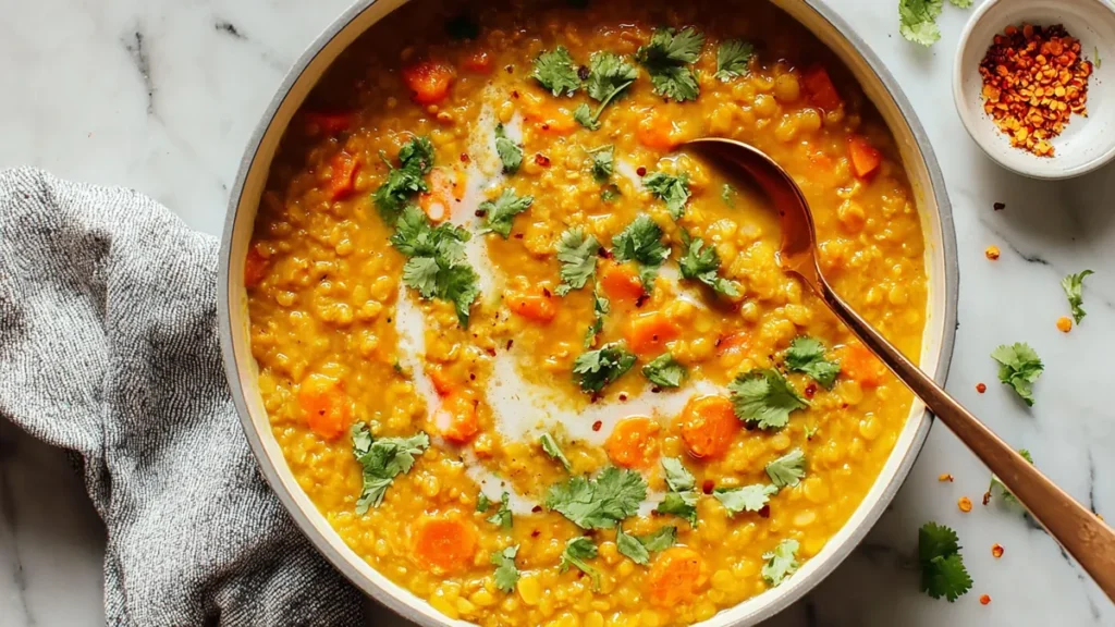Golden Curry Lentil Soup 5 golden lentil soup with carrots, cilantro, and chili flakes