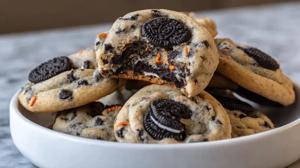 Halloween Oreo stuffed chocolate chip cookies 4 Soft cookies with mini Oreo pieces and chocolate chips on a plate