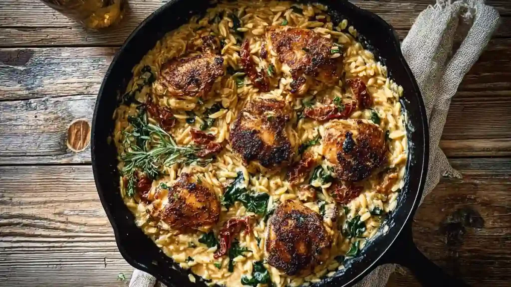 One Skillet Creamy Sun-Dried Tomato Chicken and Orzo 5 seared chicken thighs in creamy orzo with spinach and sun-dried tomatoes in a skillet