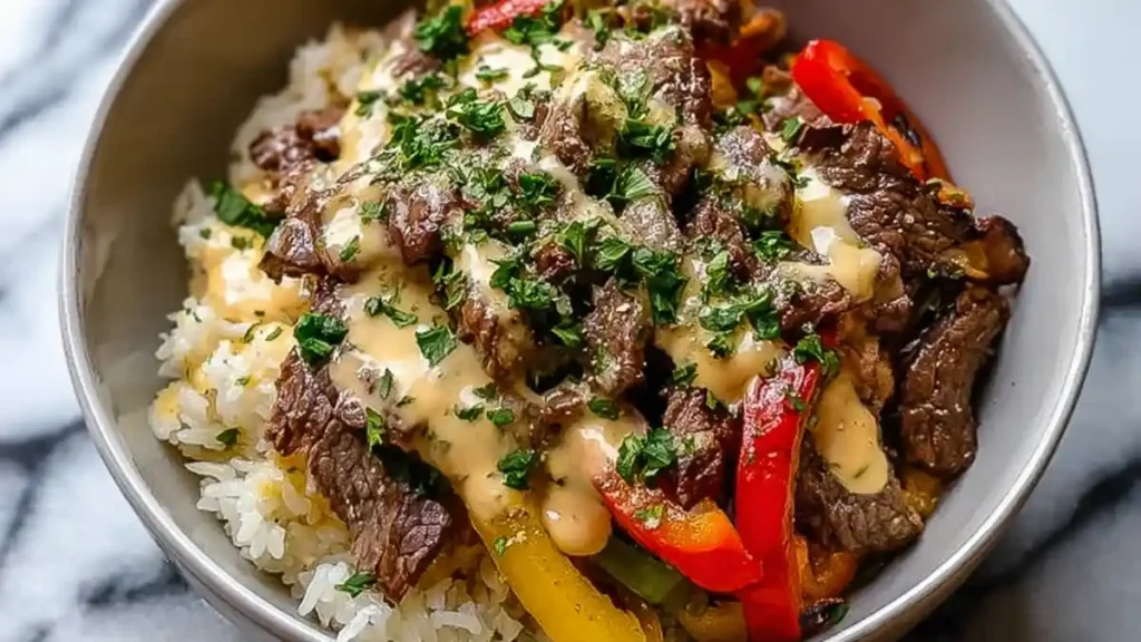 High Protein Philly Cheesesteak Rice Bowls 4 Steak rice bowl topped with sautéed peppers, fresh herbs, and creamy sauce