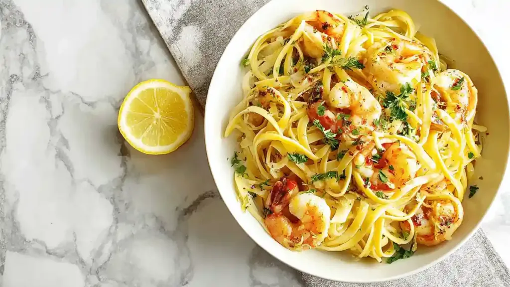 Zesty Lemon Garlic Shrimp Pasta 3 linguine with garlic shrimp, parsley, and lemon in a white bowl
