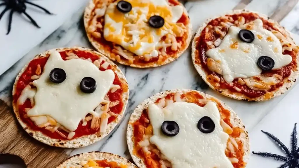 Easy Mini Halloween Pizzas 4 Mini pizzas with ghost-shaped cheese and black olive eyes on tortillas