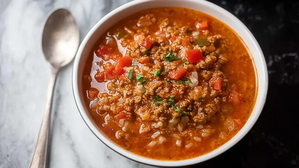 Crockpot Stuffed Pepper Soup 5 hearty beef and tomato soup with rice and fresh herbs in white bowl