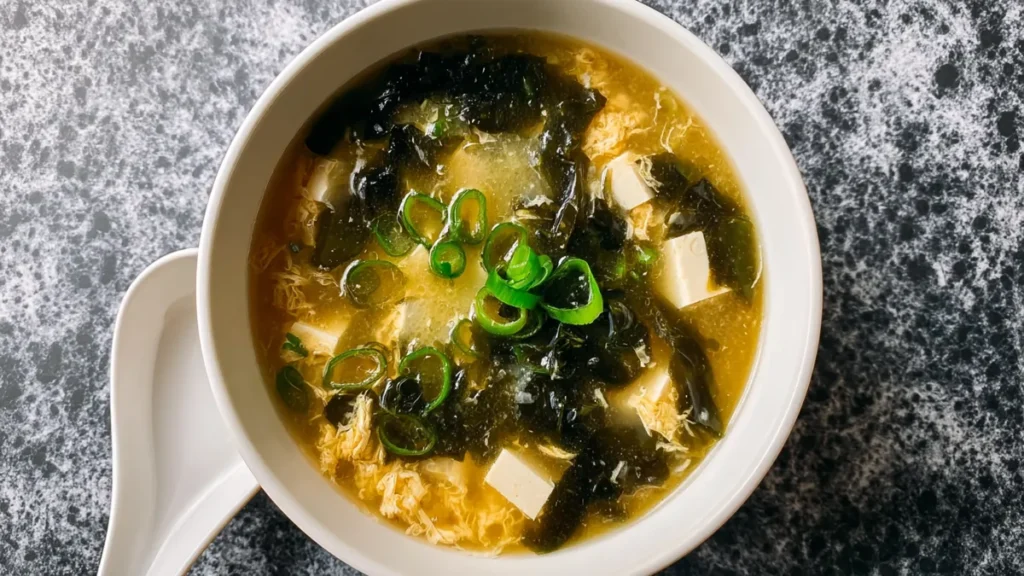 Easy Miso Soup 5 seaweed soup with tofu cubes, egg, and scallions