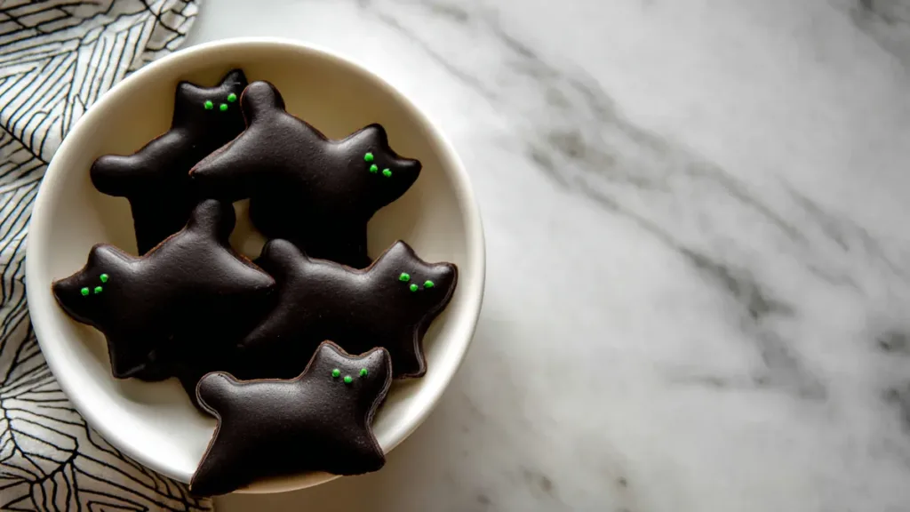 Plate of black cat-shaped cookies with green candy eyes on a marble table