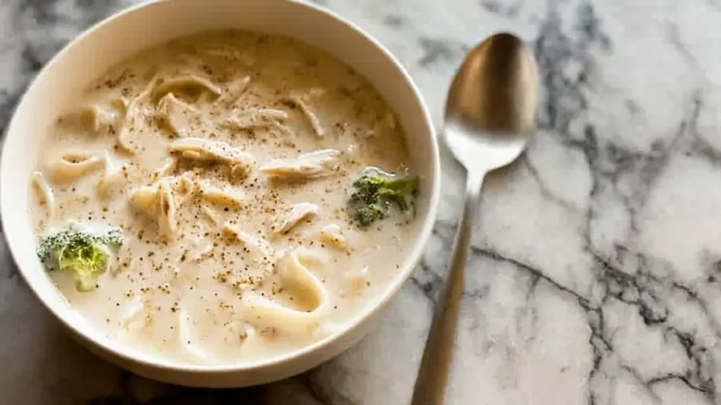 Chicken Alfredo Soup 4 creamy chicken alfredo soup with broccoli and black pepper in bowl