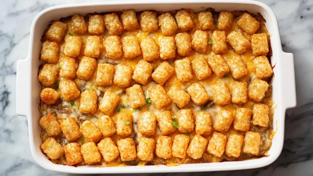 Cheesy tater tot casserole in a white baking dish with golden baked top