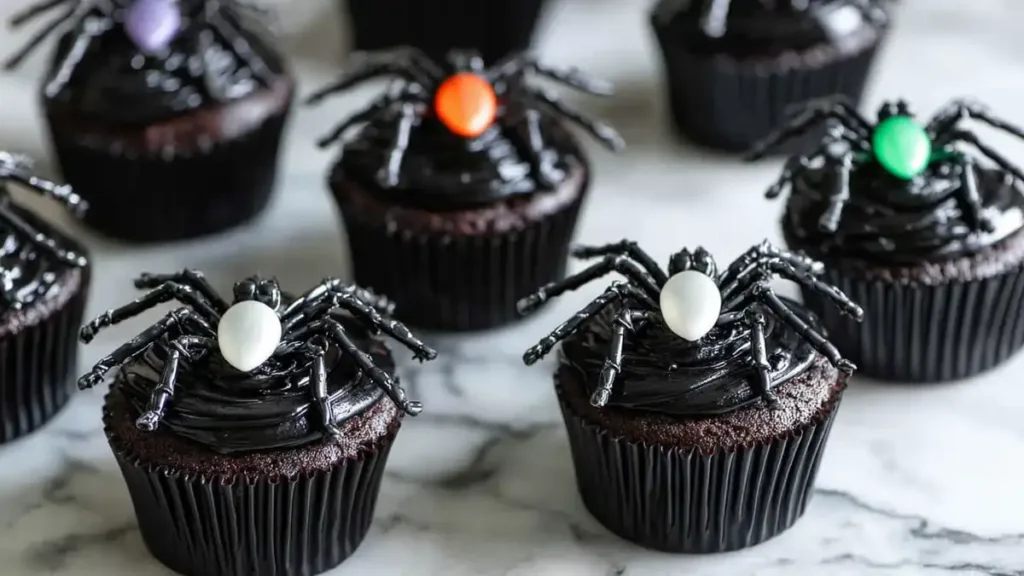 chocolate cupcakes topped with black frosting and candy spiders with colorful bodies
